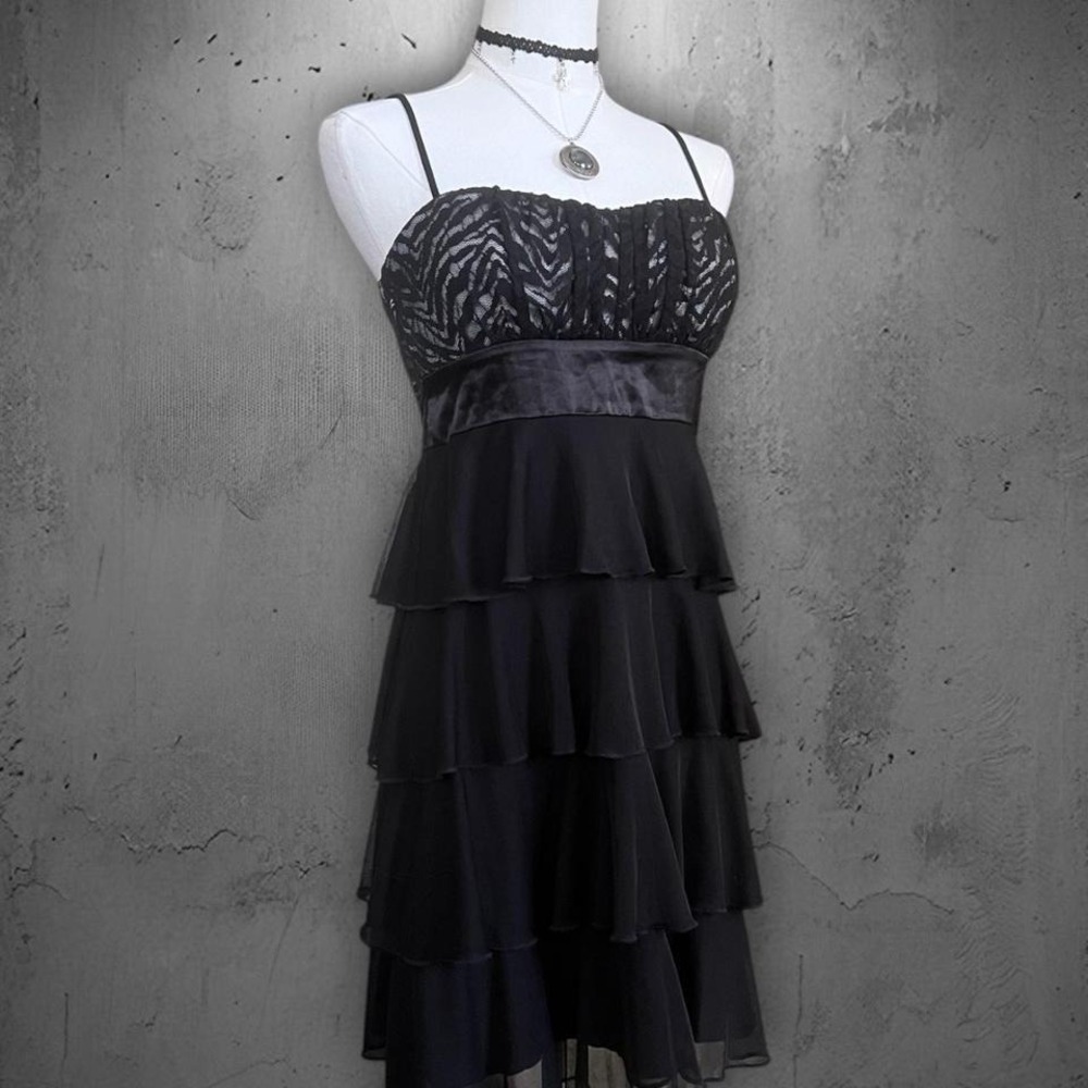 Vintage Y2K Sweet Storm Black Lace Zebra Bust Tiered Chiffon Dress